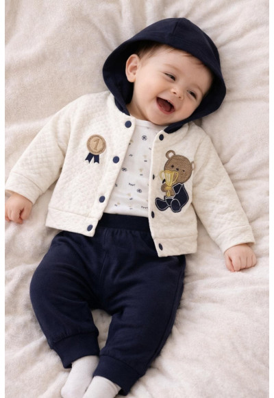 0-9 Ay Erkek Bebek 3’lü Takım – %100 Pamuk Kapüşonlu Hırka, Body, Pantolon Lacivert