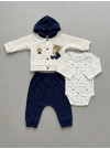 0-9 Ay Erkek Bebek 3’lü Takım – %100 Pamuk Kapüşonlu Hırka, Body, Pantolon Lacivert
