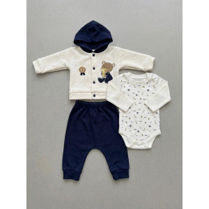 0-9 Ay Erkek Bebek 3’lü Takım – %100 Pamuk Kapüşonlu Hırka, Body, Pantolon Lacivert