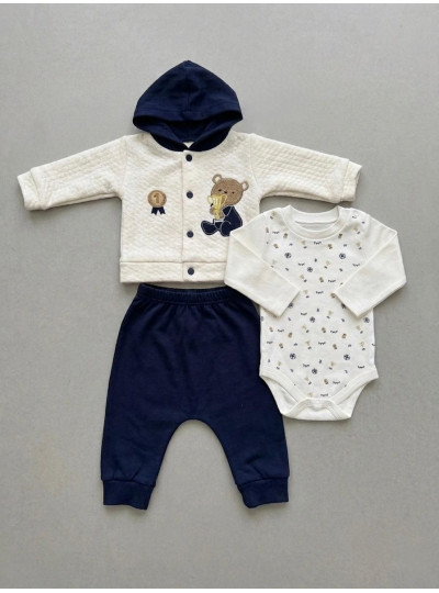 0-9 Ay Erkek Bebek 3’lü Takım – %100 Pamuk Kapüşonlu Hırka, Body, Pantolon Lacivert