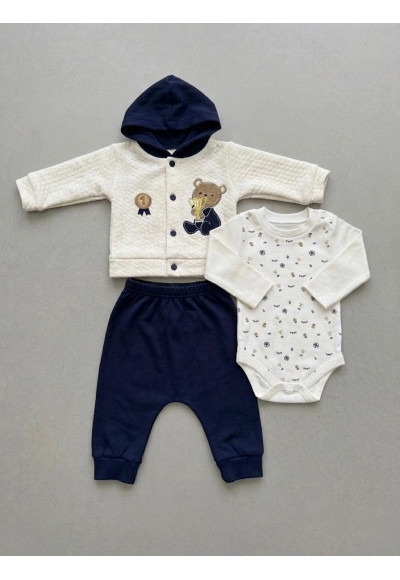 0-9 Ay Erkek Bebek 3’lü Takım – %100 Pamuk Kapüşonlu Hırka, Body, Pantolon Lacivert