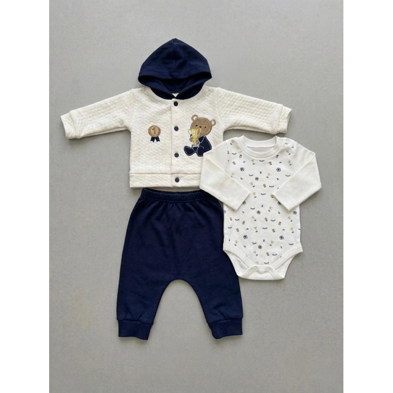 0-9 Ay Erkek Bebek 3’lü Takım – %100 Pamuk Kapüşonlu Hırka, Body, Pantolon Lacivert