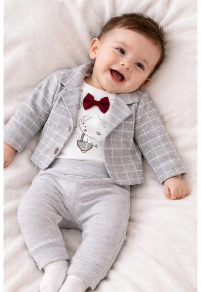 0-9 Ay Erkek Bebek 3’lü Takım – Şık Ceketli Body & Pantolon Set Gri