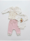 0-9 Ay Kız Bebek 3’lü Takım – %100 Pamuk Çiçekli Body, Hırka & Pantolon Set Pembe
