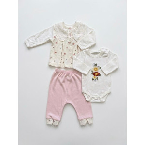 0-9 Ay Kız Bebek 3’lü Takım – %100 Pamuk Çiçekli Body, Hırka & Pantolon Set Pembe