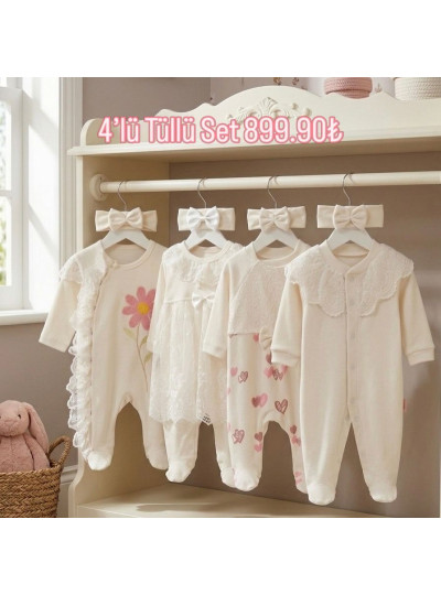 Pamuş 0-9 Ay Tüllü Dantelli Penye Kız Bebek 4’lü Tulum Set Ekru