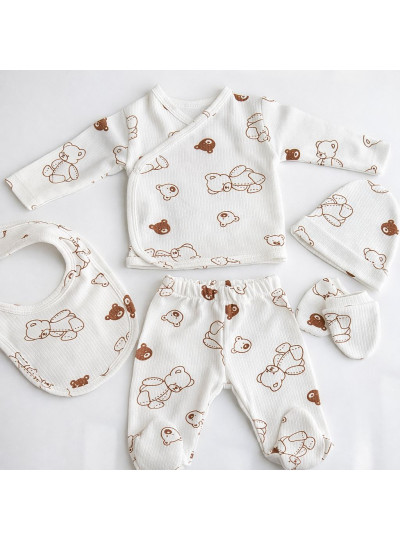 Pamuş 0-3 Ay Ayıcık Desenli Penye Unisex Bebek 5’li Hastane Çıkışı Set Ekru