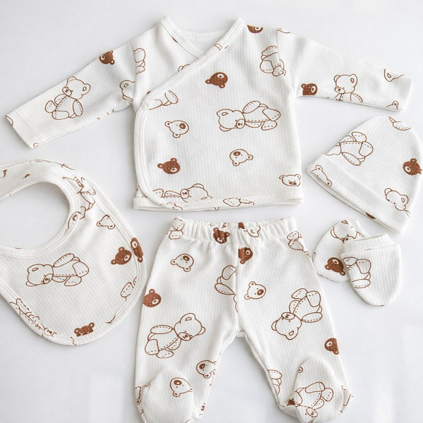 Pamuş 0-3 Ay Ayıcık Desenli Penye Unisex Bebek 5’li Hastane Çıkışı Set Ekru