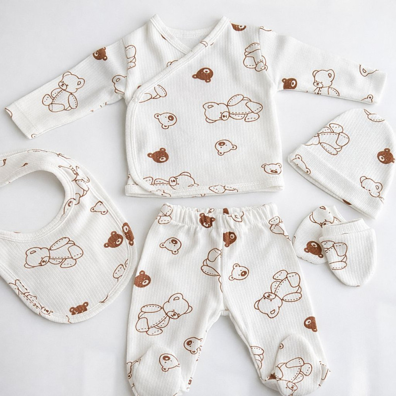 Pamuş 0-3 Ay Ayıcık Desenli Penye Unisex Bebek 5’li Hastane Çıkışı Set Ekru