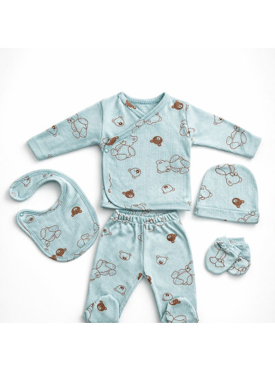 Pamuş 0-3 Ay Ayıcık Desenli Penye Unisex Bebek 5’li Hastane Çıkışı Set Mint