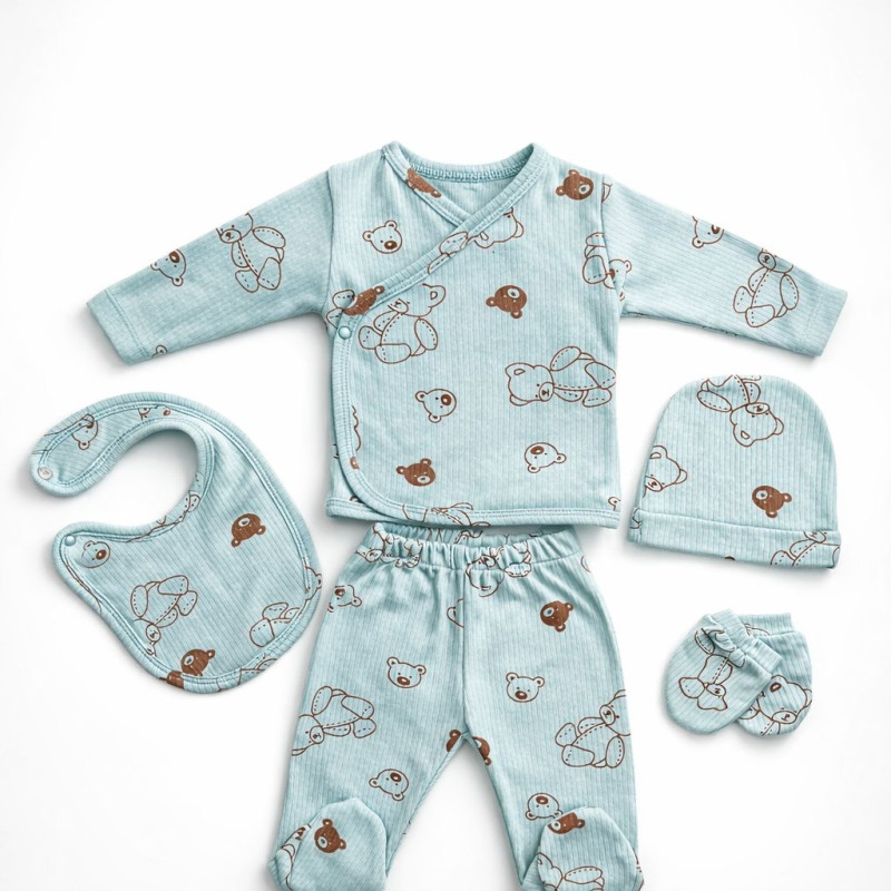 Pamuş 0-3 Ay Ayıcık Desenli Penye Unisex Bebek 5’li Hastane Çıkışı Set Mint