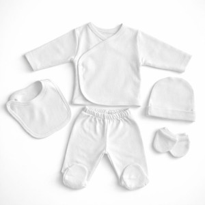 Pamuş 0-3 Ay Düz Penye Unisex Bebek 5’li Hastane Çıkışı Set Beyaz