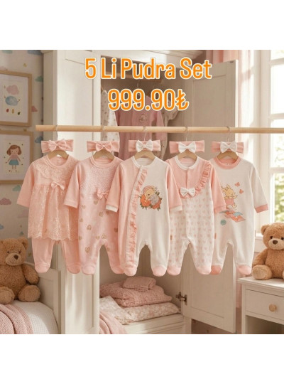 Pamuş Baby Kız Bebek 5’li %100 Pamuk Tulum Seti – Fiyonk & Dantel Detaylı 0-9 Ay Pudra