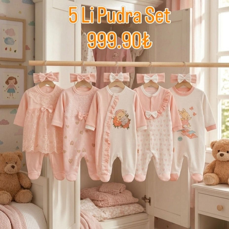 Pamuş Baby Kız Bebek 5’li %100 Pamuk Tulum Seti – Fiyonk & Dantel Detaylı 0-9 Ay Pudra