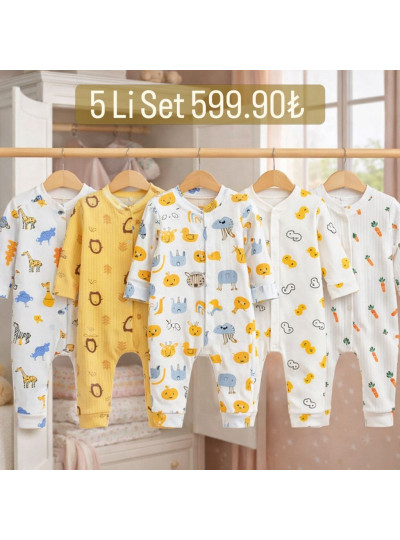 Zıbzıb 5’li Unisex Bebek Tulum Seti %100 Pamuk 0-9 Ay