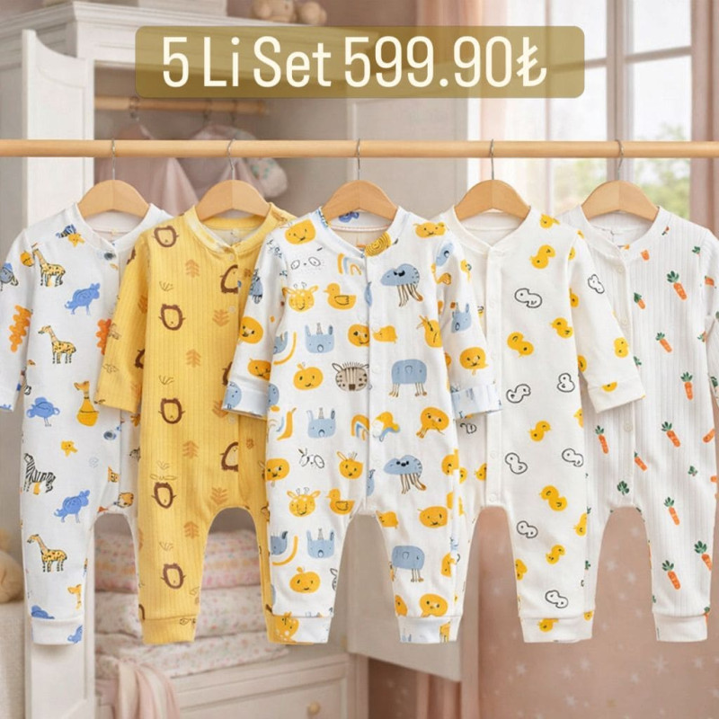 Zıbzıb 5’li Unisex Bebek Tulum Seti %100 Pamuk 0-9 Ay