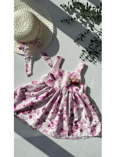 2-5 Yaş Kız Çocuk Çiçek Desenli Elbise ve Şapka Set Pembe 