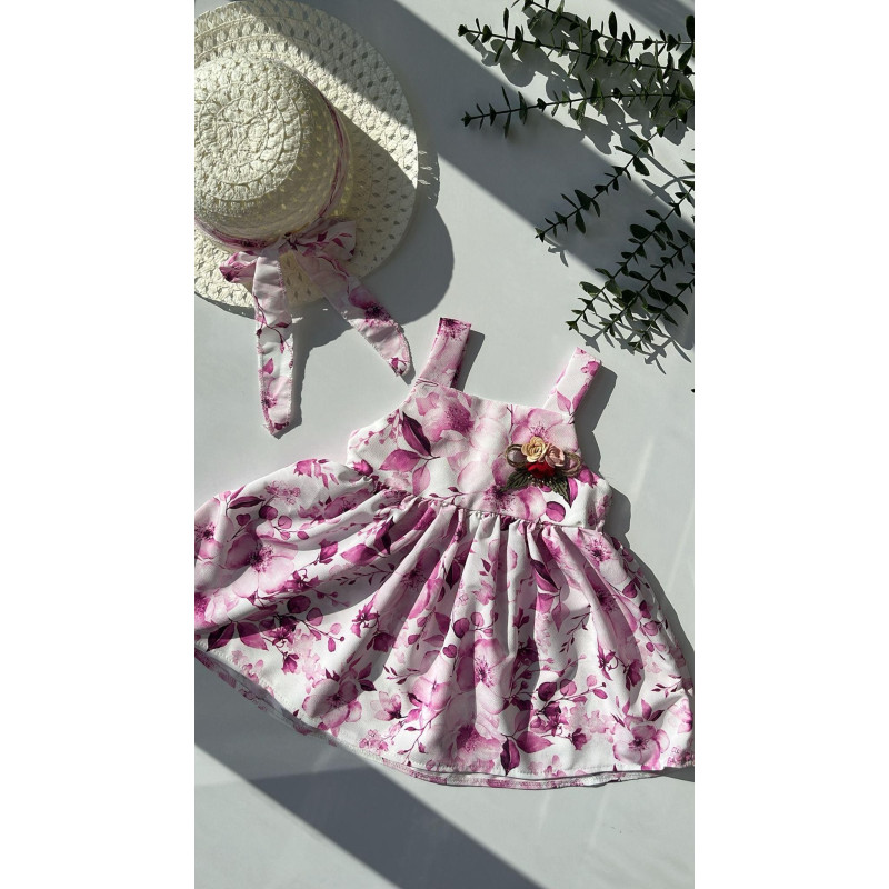 2-5 Yaş Kız Çocuk Çiçek Desenli Elbise ve Şapka Set Pembe 