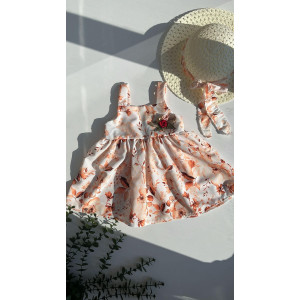 2-5 Yaş Kız Çocuk Çiçek Desenli Elbise ve Şapka Set Turuncu 