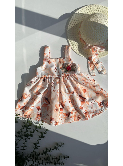 2-5 Yaş Kız Çocuk Çiçek Desenli Elbise ve Şapka Set Turuncu 