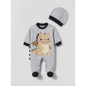 Pamuş 0-3-6 Ay Dinazor  Penye Erkek Bebek Tulum M.Gri