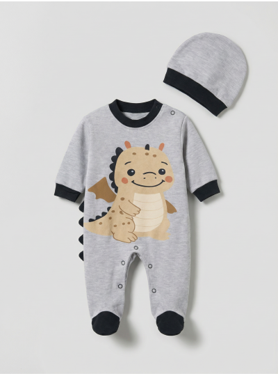 Pamuş 0-3-6 Ay Dinazor  Penye Erkek Bebek Tulum M.Gri