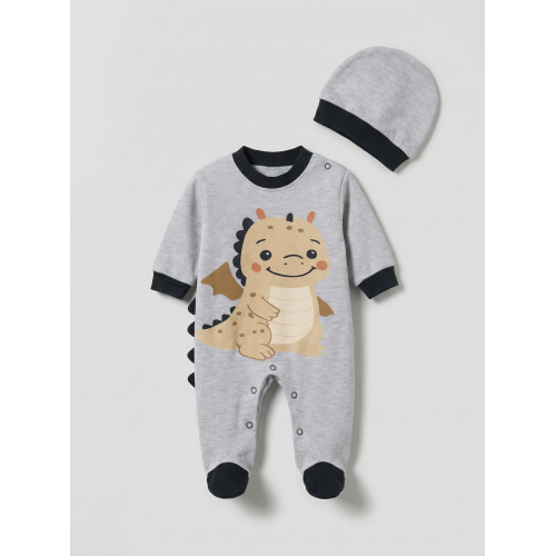 Pamuş 0-3-6 Ay Dinazor  Penye Erkek Bebek Tulum M.Gri