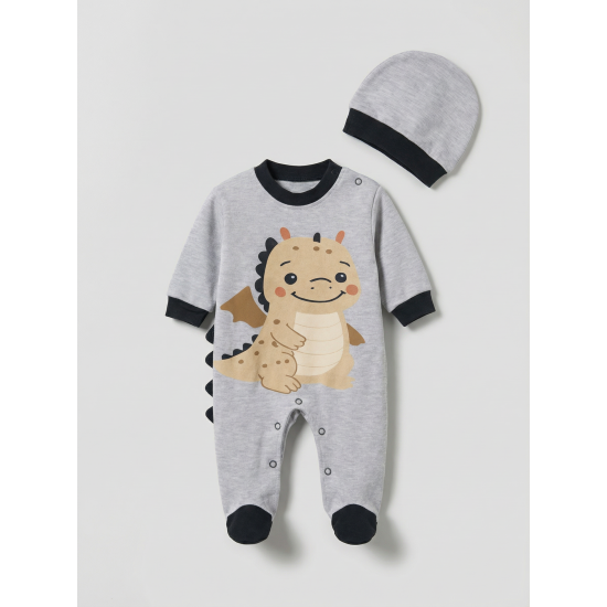 Pamuş 0-3-6 Ay Dinazor  Penye Erkek Bebek Tulum M.Gri