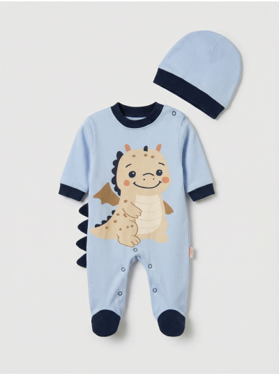 Pamuş 0-3-6 Ay Dinazor  Penye Erkek Bebek Tulum Mavi