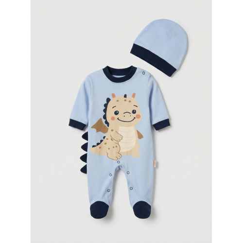 Pamuş 0-3-6 Ay Dinazor  Penye Erkek Bebek Tulum Mavi