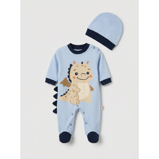 Pamuş 0-3-6 Ay Dinazor  Penye Erkek Bebek Tulum Mavi
