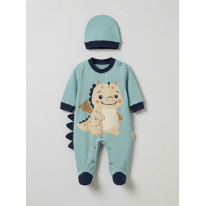 Pamuş 0-3-6 Ay Dinazor  Penye Erkek Bebek Tulum Yeşil