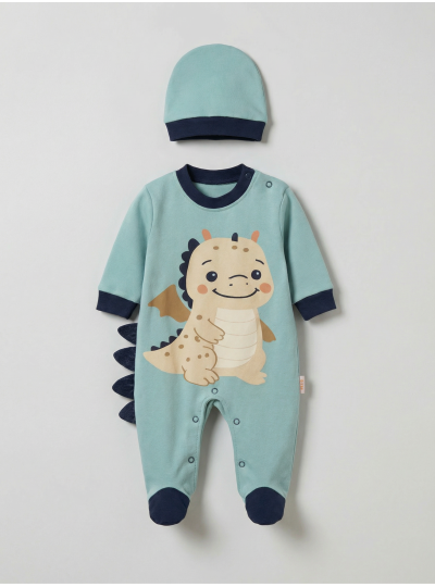 Pamuş 0-3-6 Ay Dinazor  Penye Erkek Bebek Tulum Yeşil