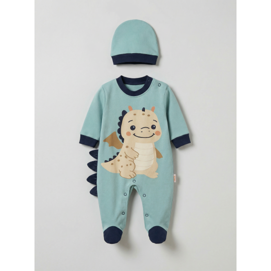 Pamuş 0-3-6 Ay Dinazor  Penye Erkek Bebek Tulum Yeşil