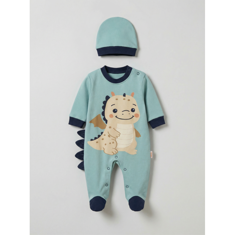 Pamuş 0-3-6 Ay Dinazor  Penye Erkek Bebek Tulum Yeşil