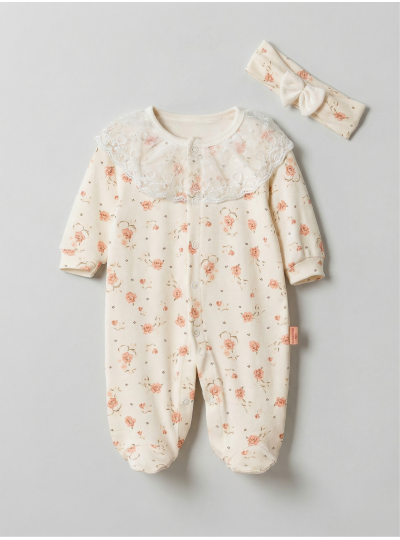Pamuş 0-3-6 Ay Gül Rüyası Penye Kız  Bebek Tulum Somon