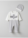 Pamuş 0-3-6 Ay Hello Nakışlı Penye Erkek Bebek Tulum Gri