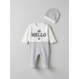 Pamuş 0-3-6 Ay Hello Nakışlı Penye Erkek Bebek Tulum Gri