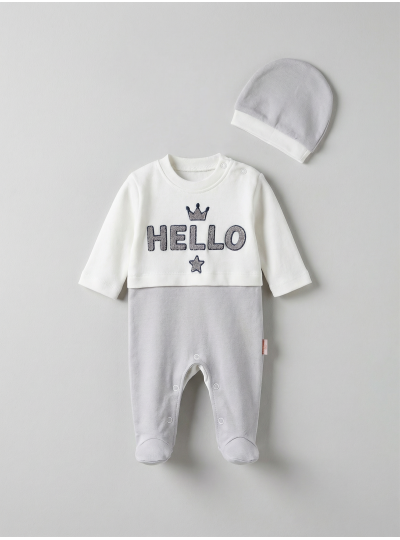 Pamuş 0-3-6 Ay Hello Nakışlı Penye Erkek Bebek Tulum Gri