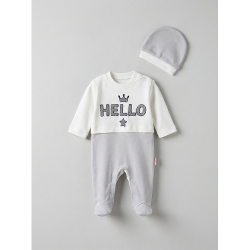Pamuş 0-3-6 Ay Hello Nakışlı Penye Erkek Bebek Tulum Gri