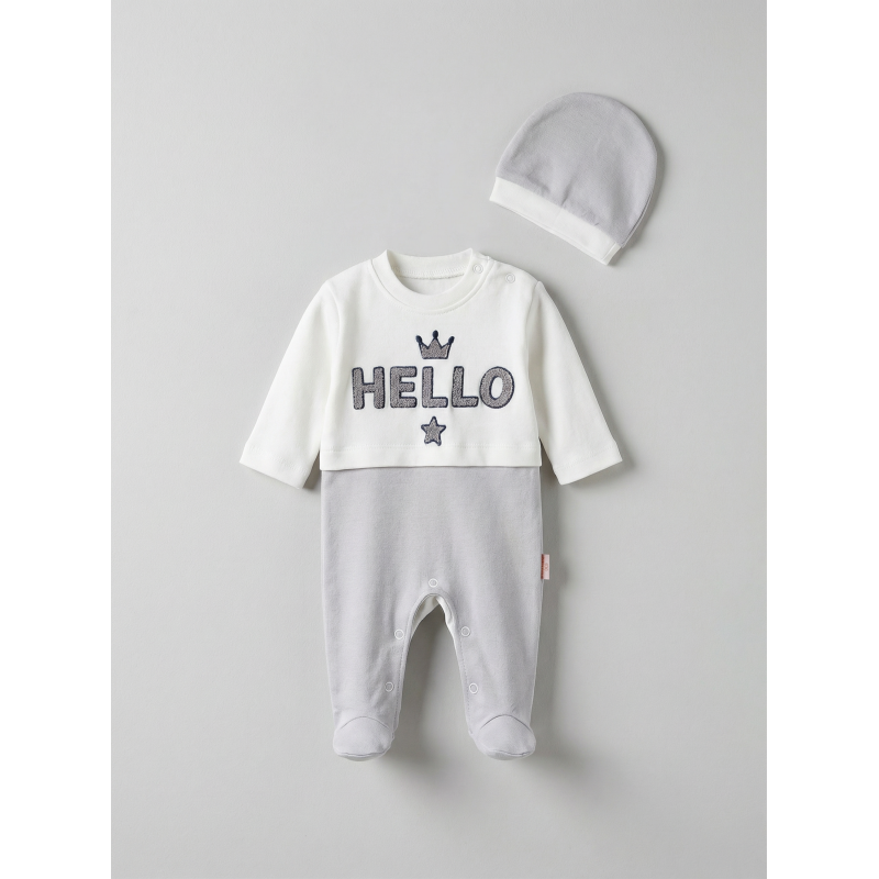 Pamuş 0-3-6 Ay Hello Nakışlı Penye Erkek Bebek Tulum Gri