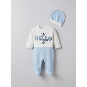 Pamuş 0-3-6 Ay Hello Nakışlı Penye Erkek Bebek Tulum Mavi