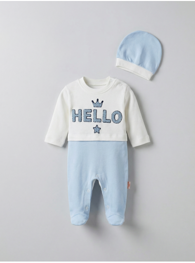 Pamuş 0-3-6 Ay Hello Nakışlı Penye Erkek Bebek Tulum Mavi