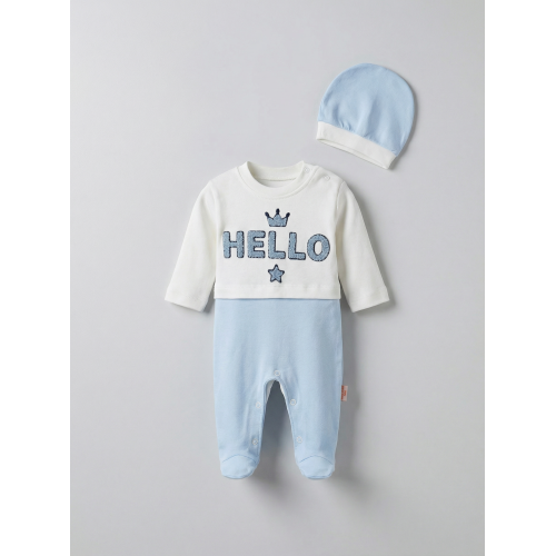 Pamuş 0-3-6 Ay Hello Nakışlı Penye Erkek Bebek Tulum Mavi