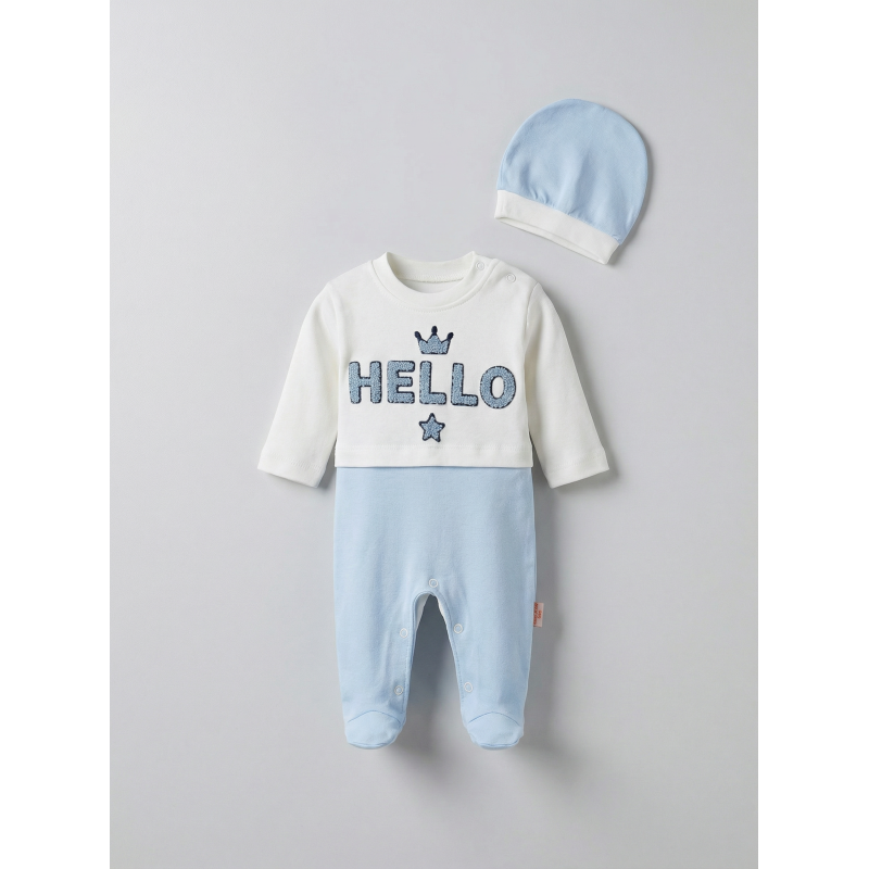 Pamuş 0-3-6 Ay Hello Nakışlı Penye Erkek Bebek Tulum Mavi