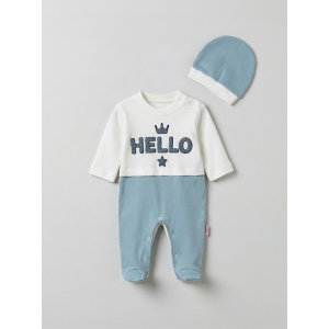 Pamuş 0-3-6 Ay Hello Nakışlı Penye Erkek Bebek Tulum Okyanus