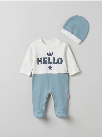 Pamuş 0-3-6 Ay Hello Nakışlı Penye Erkek Bebek Tulum Okyanus