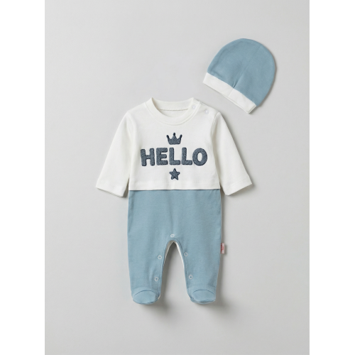 Pamuş 0-3-6 Ay Hello Nakışlı Penye Erkek Bebek Tulum Okyanus