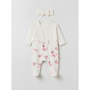 Pamuş 0-3-6 Ay Kalpli Penye Kız  Bebek Tulum Ekru