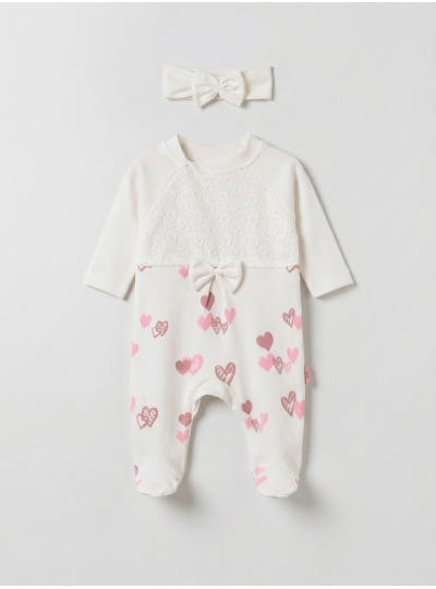Pamuş 0-3-6 Ay Kalpli Penye Kız  Bebek Tulum Ekru